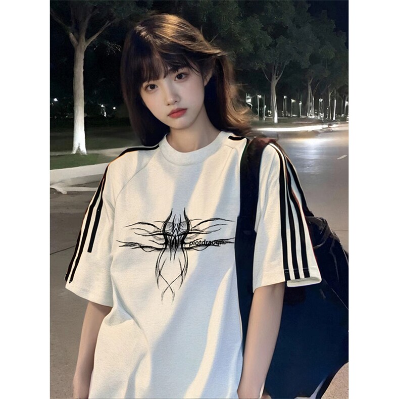 抖音得物高品质二开240克宽松纯棉美式潮牌三条杠织带短袖T恤图片