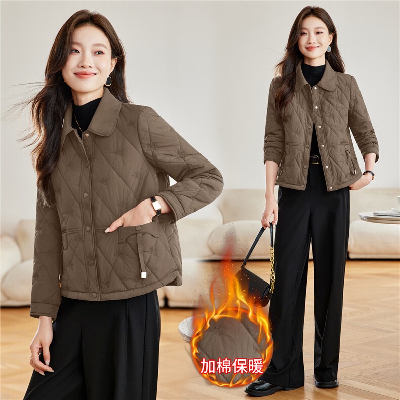 菱格羽绒棉服女2025秋冬新款独特超好看短款洋气轻薄红色夹棉外套，女装棉衣/棉服，木子恋