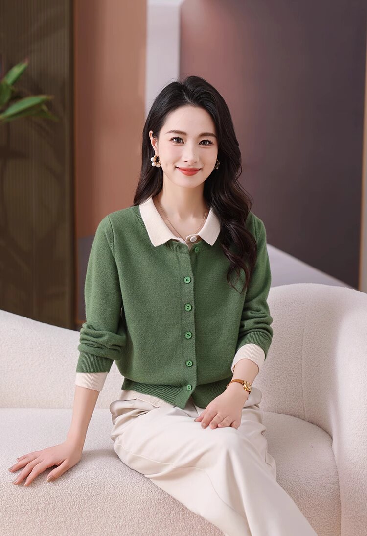 POLO领撞色假两件开衫,针织衫/毛衣,绒默