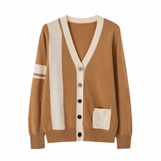 秋冬羊毛开衫女V领撞色外穿长袖毛衣宽松百搭针织外套，女装针织衫/毛衣，唯若美羊绒