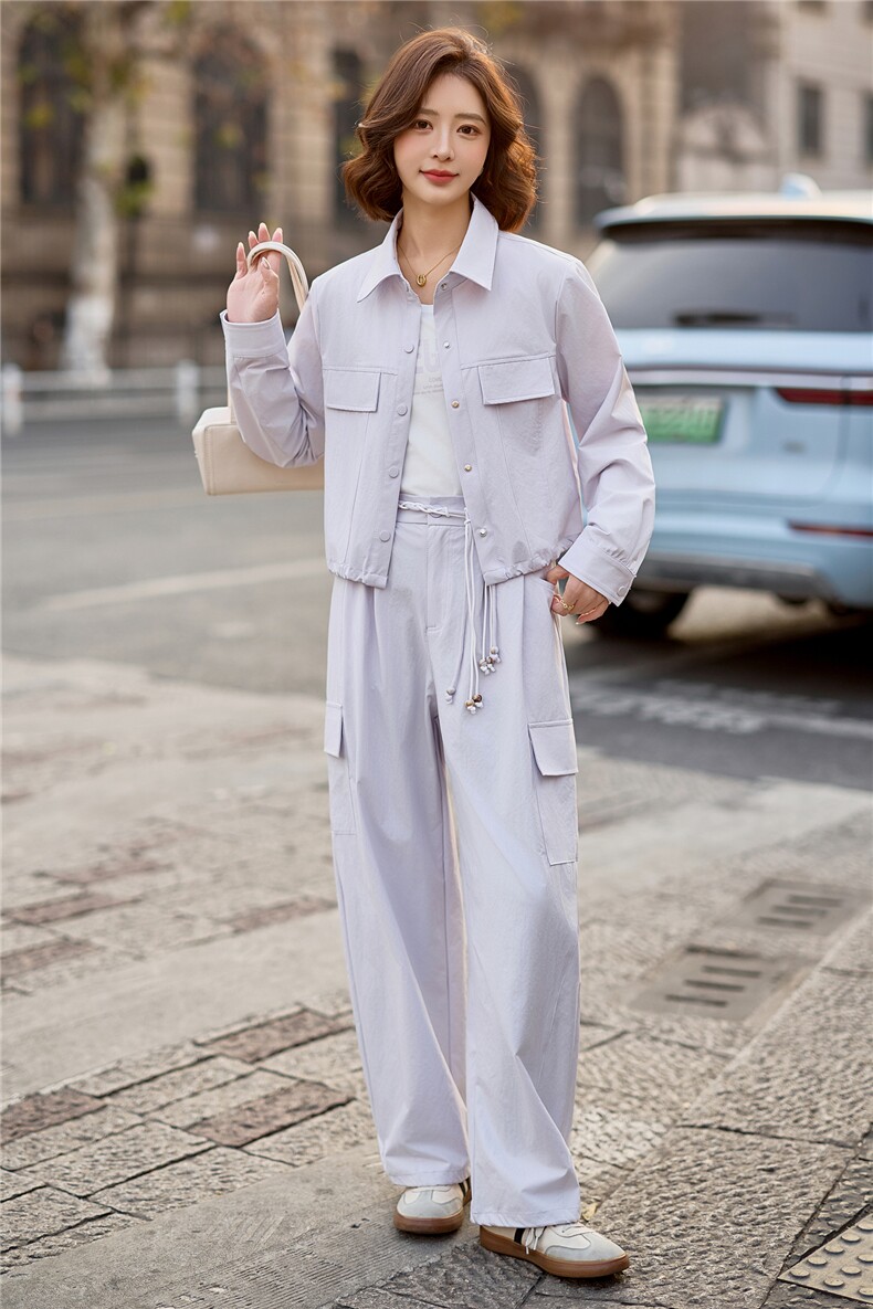 现货2026工装风翻领套装女春季宽松显瘦多口袋休闲运动减龄三件套,女装套装/套裙,涵誉