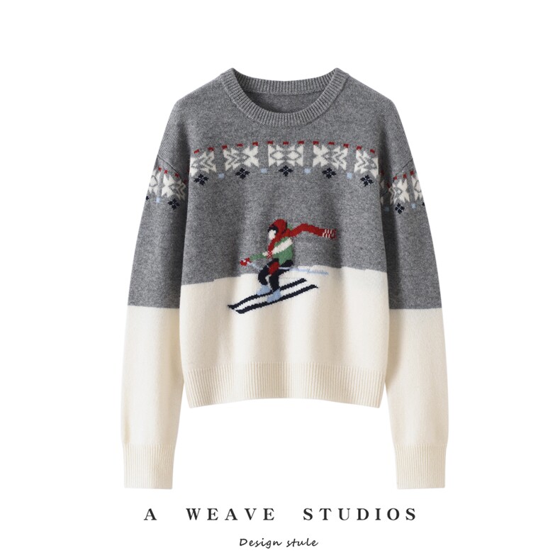 2025年秋季新款百搭雪人刺绣圆领套衫，女装针织衫/毛衣，戎魅羊绒