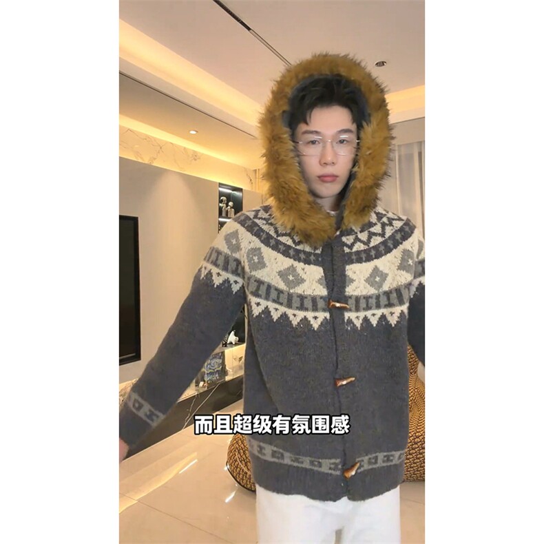 重磅北极绒座山雕大毛毛领毛衣外套冬美式复古休闲慵懒风针织开衫,男装针织衫/毛衣,电商A486-1