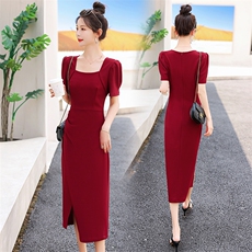 现货新款2025年夏季气质淑女方领高级感收腰显瘦法式连衣裙，女装连衣裙，蓝诺裳