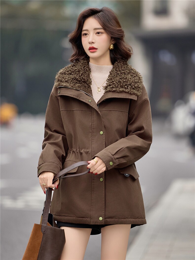 咖色羊羔毛翻领加绒派克服女2025冬季中长款加厚保暖收腰棉服外套,女装短外套,E百度