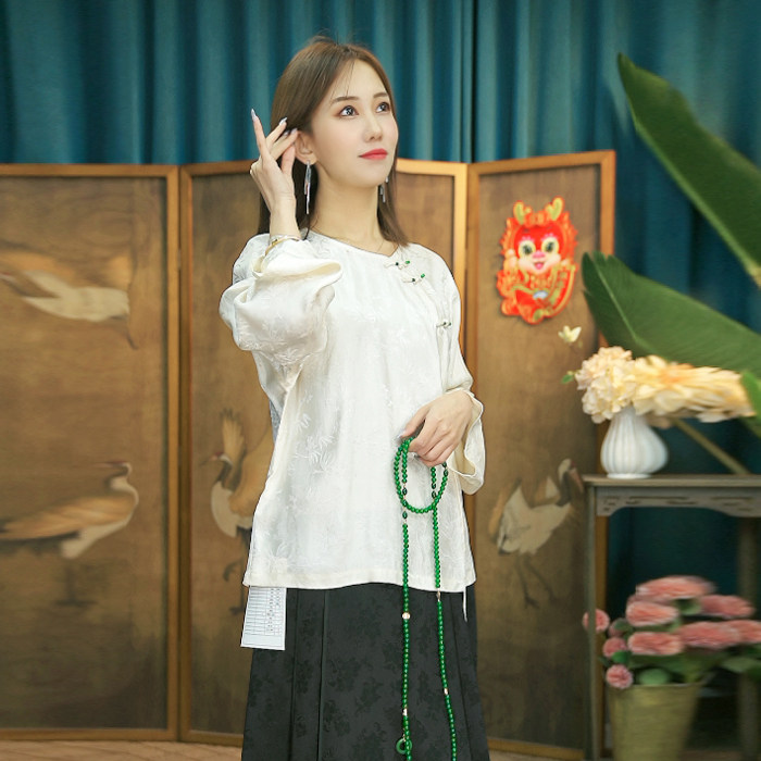 现货2024春季新款简约刺绣盘扣衬衫新中式穿搭上衣B08,女装衬衫,非你不可新中式