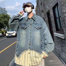 设计感条纹衬衫拼接假两件牛仔夹克男春美式休闲外套潮W6528-P60，男装夹克，星座412-3