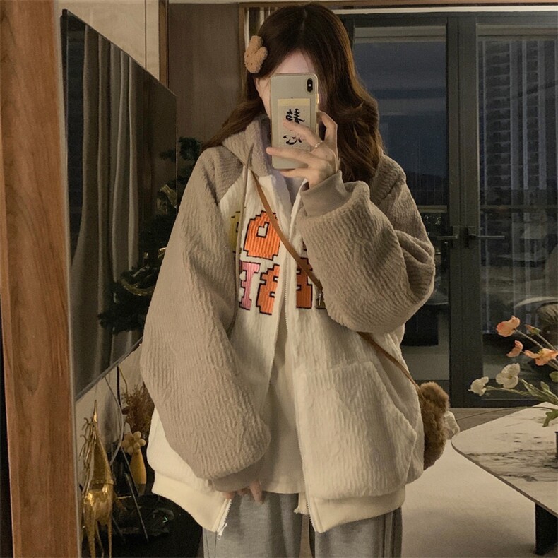 拼色羊羔毛外套冬季2025新款加棉加厚休闲带帽减龄棒球服C485-130,女装短外套,星座911-2(原星座613-2）