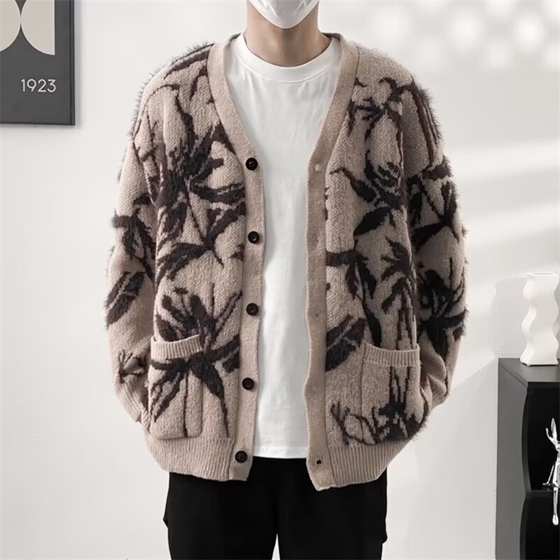 得物品质秋男V领毛衣开衫单排扣针织衫毛巾树枝刺绣外套M851P68,男装针织衫/毛衣,星座1013-1