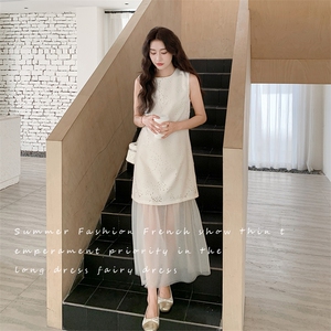旗袍外穿时尚夏季无袖镂空宽松连衣裙H型长裙拼接蕾丝显瘦气质图片