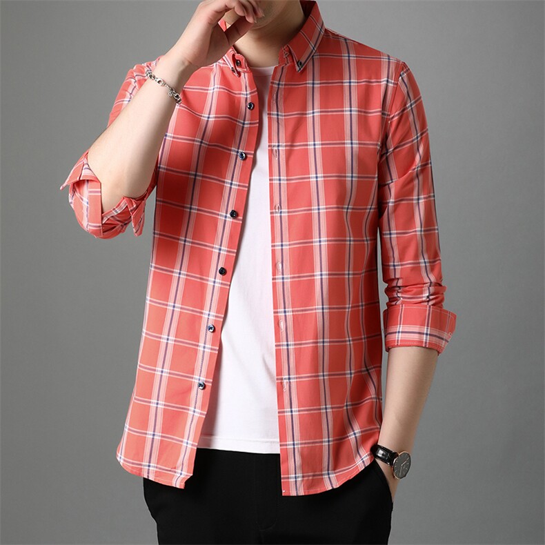 2023春秋季新款格子衬衫男长袖中年男装潮流格纹休闲宽松薄款寸衫，男装衬衫，电商B212（原钱塘6029）