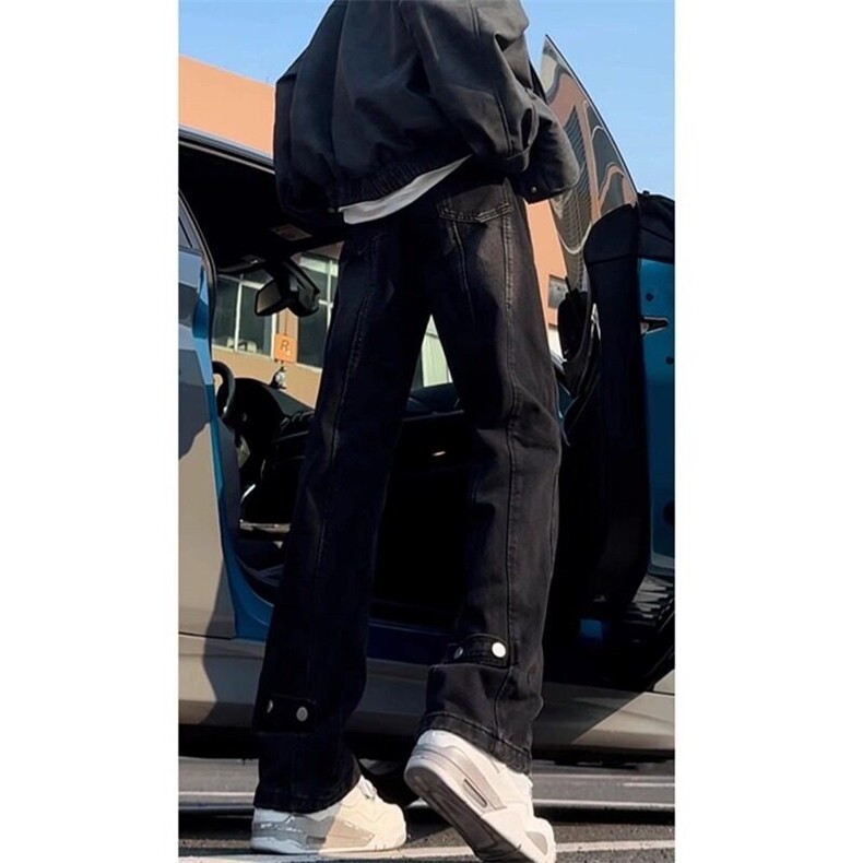 黑色拼接弯刀牛仔裤男春季美式复古vibe微喇裤子青少年修身直筒裤图片