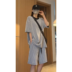 短袖短裤运动套装宽松休闲圆领条纹两件套T3712特P28/DK8699特P27图片