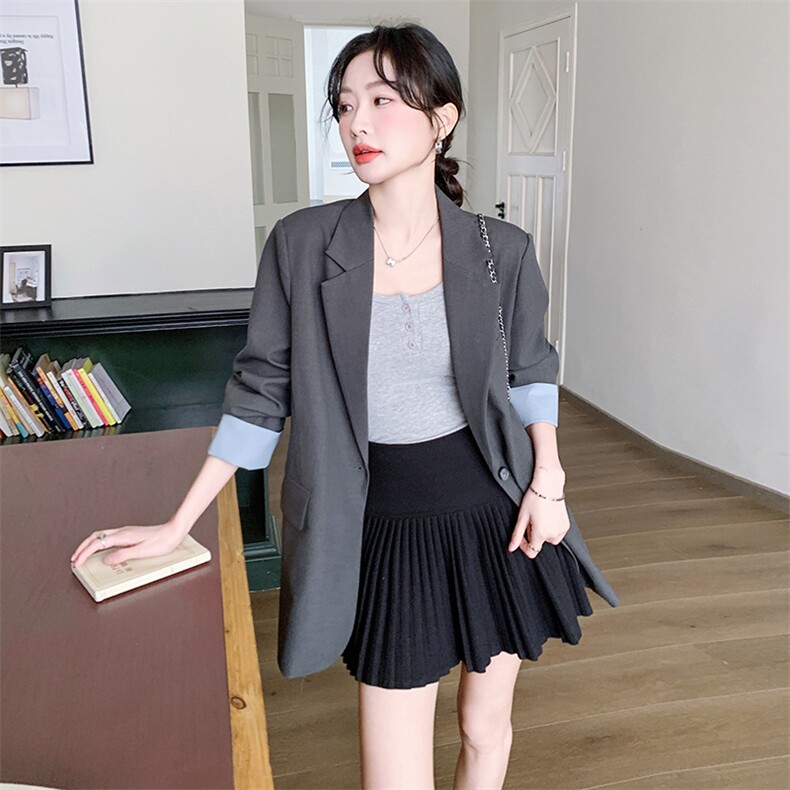 灰色英伦风西装外套女2025春季新款今年流行拼色宽松百搭西服上衣,女装西装,2C198