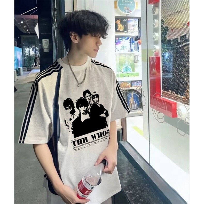 抖音得物品质二开240克宽松纯棉美式潮牌印花三条杠中性风短袖T恤,男装T恤,电商A486-1