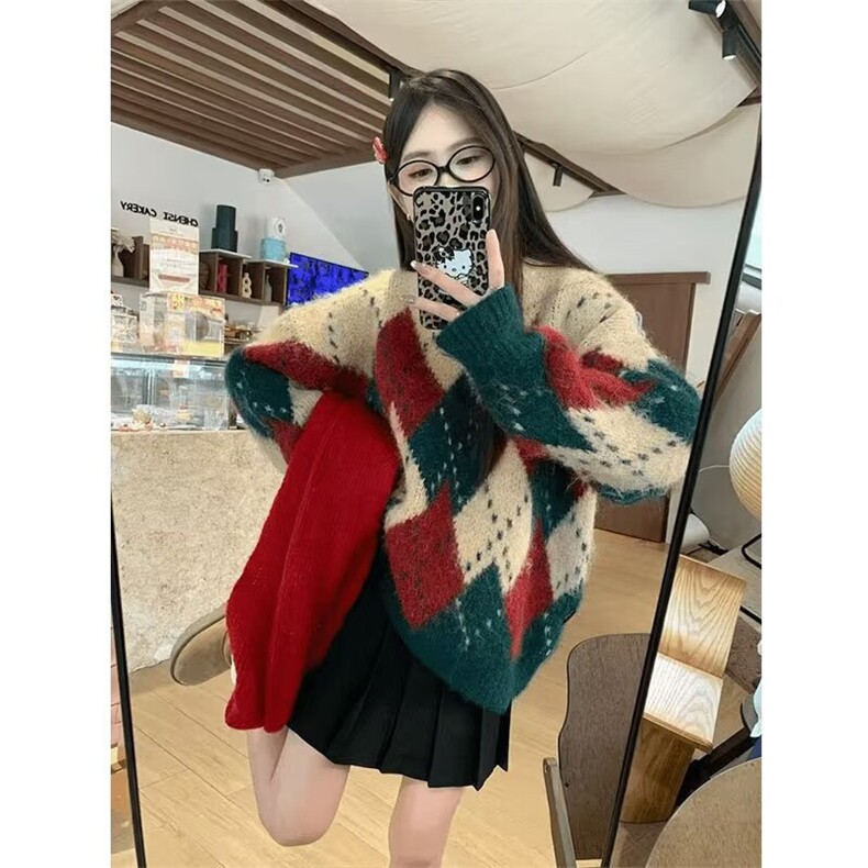 25@鹿毛绒菱形格撞色圣诞毛衣情侣冬季保暖圆领针织衫V11-P50网图,男装针织衫/毛衣,电商B245