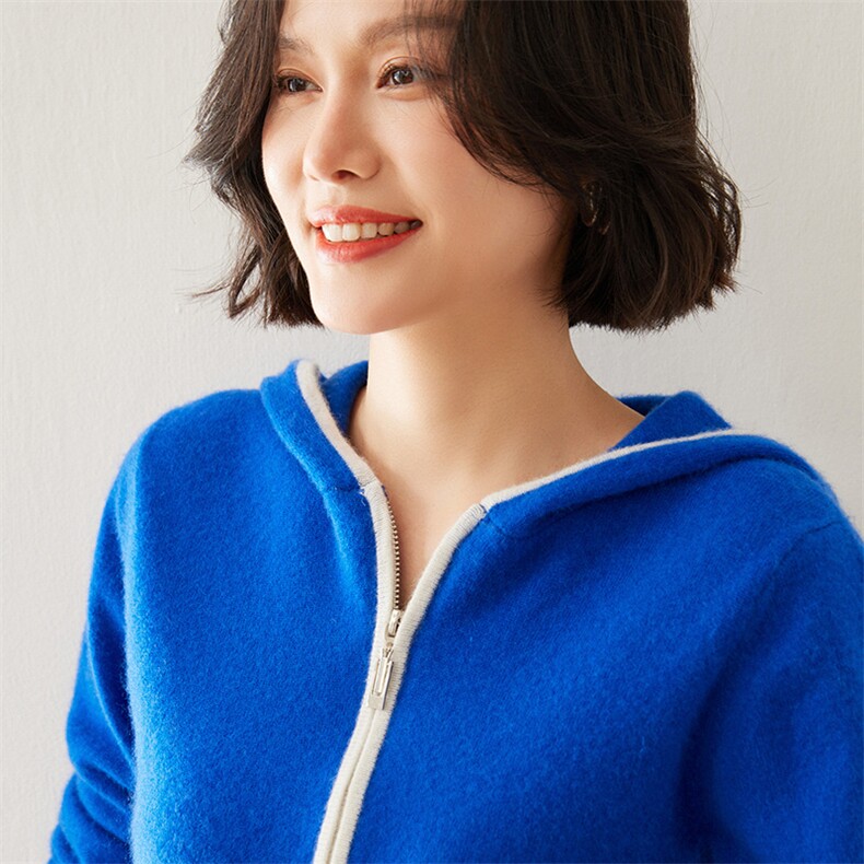 时尚潮流半拉链连帽羊绒衫修身显瘦长袖毛衣,女装羊绒衫,七柒羊绒