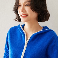 时尚潮流半拉链连帽羊绒衫修身显瘦长袖毛衣，女装羊绒衫，七柒羊绒