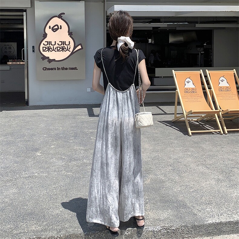 洋气吊带裤套装女夏季2025新款时尚炸街韩系T恤阔腿拖地裤两件套,女装套装/套裙,2C301