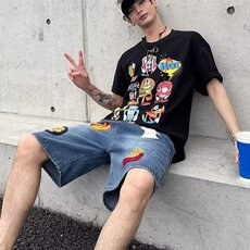 美式复古汉堡薯条毛巾绣牛仔短裤夏季宽松阔腿直筒五分裤XX1631，男装牛仔裤，星座208-5
