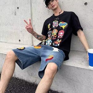 美式复古汉堡薯条毛巾绣牛仔短裤夏季宽松阔腿直筒五分裤XX1631图片
