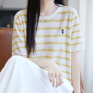 夏新款圆领条纹拼色刺绣小花精纺羊毛短袖T恤女休闲宽松针织上衣图片