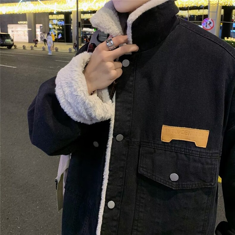 冬季新款羊羔毛棉衣男加绒牛仔外套潮流宽松情侣棉服加厚夹克上衣,男装工装外套,星座410-7