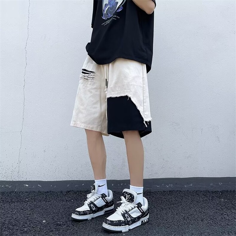 美式高街vibe破洞短裤男士夏季潮牌痞帅宽松休闲设计感小众五分裤,男装休闲裤,星座601-2