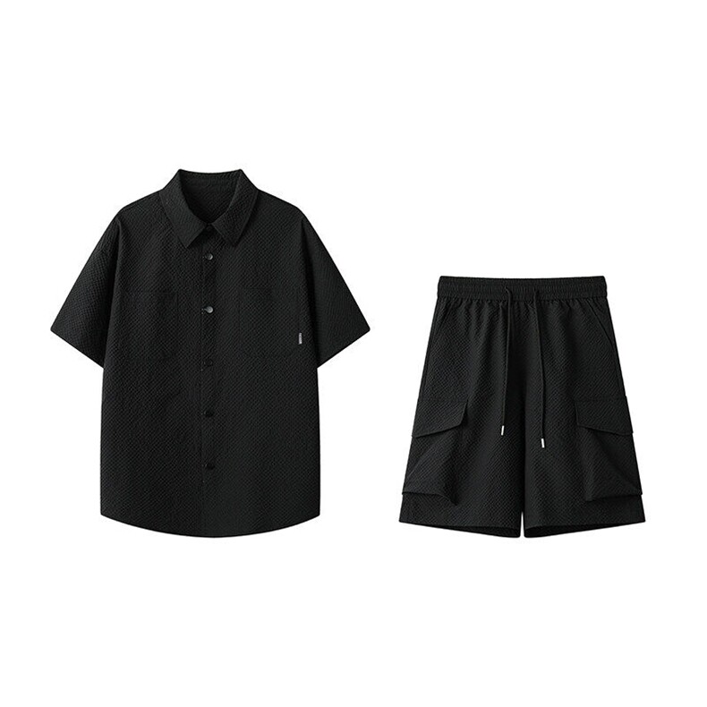 特批P55无差价夏季休闲百搭泡泡纱宽松冰丝两件套套装男TZ5585,男装休闲套装,电商A001-1