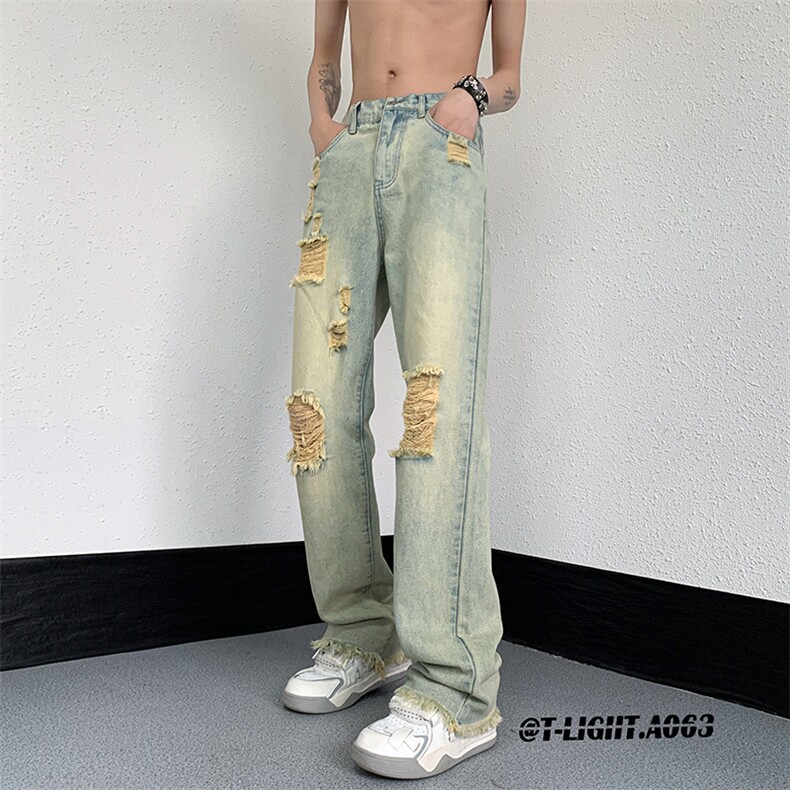 2023夏季美式高街破洞毛边小众弹力牛仔裤货号K723P65,男装牛仔裤,电商A063