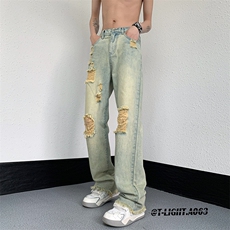 2023夏季美式高街破洞毛边小众弹力牛仔裤货号K723P65，男装牛仔裤，电商A063