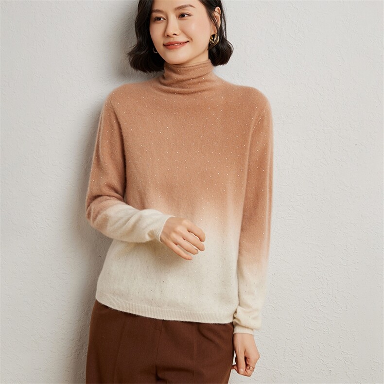 女士一线吊染加烫钻堆堆领衫10%,女装羊绒衫,臻维羊绒