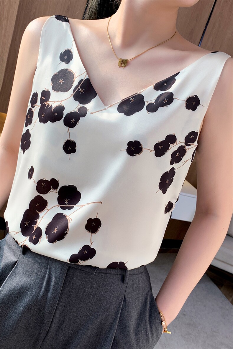 真丝背心女夏外穿法式吊带设计感小众印花西服内搭打底桑蚕丝上衣,女装背心吊带,朝贺羊绒