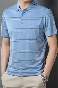 条纹短袖T恤男翻领上衣夏季新款中年男士商务休闲宽松爸爸夏装图片