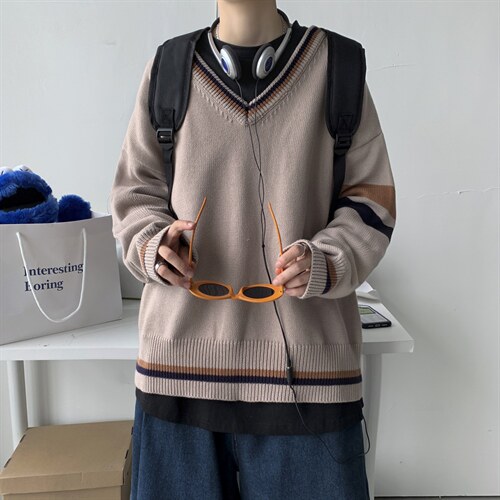 港风加厚针织衫V领长袖毛衣JKDK纯色套头制服男女情侣潮W08/P65
