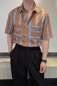 夏季男士条纹短袖衬衫时尚痞帅高级感发型师半袖衬衣潮 02778-P35图片