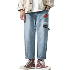 2021港风马路秋季新大码男美式直筒刮烂贴布九分牛仔裤N8001-P45，男装牛仔裤，电商A001