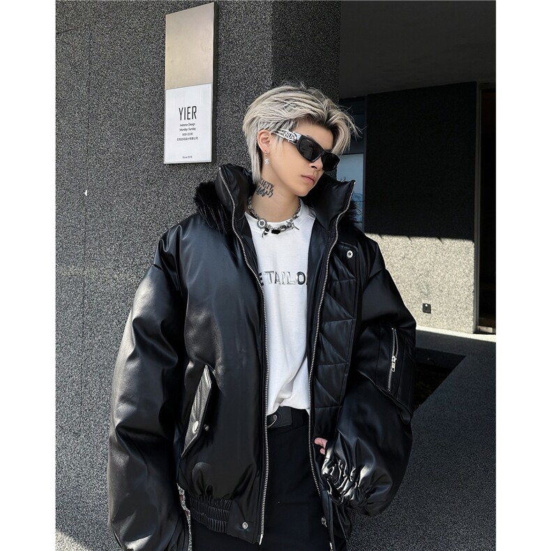 【有货】DM8033-P118美式解构毛领座山雕加厚重磅连帽短款皮衣,男装皮衣,星座603-2