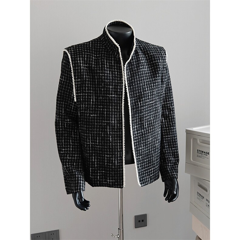 高级感优雅立领小香风珍珠设计感千鸟格宽松西服外套X13/P70降，男装西服，电商A243