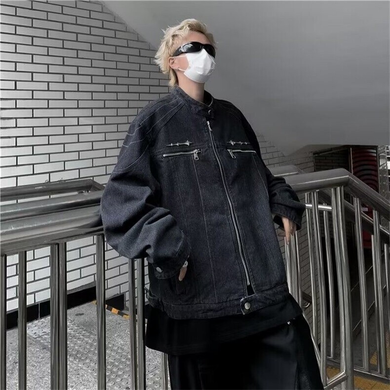 有货春秋水洗做旧垫肩牛仔外套男宽松金属设计立领夹克N1224-P78,男装夹克,星座302B