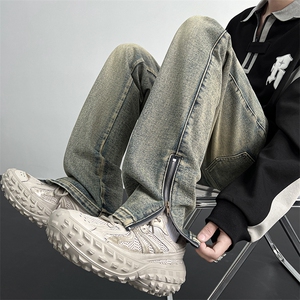 秋季美式ins高街hiphop拉链直筒重工艺水洗牛仔裤货号K685P55图片