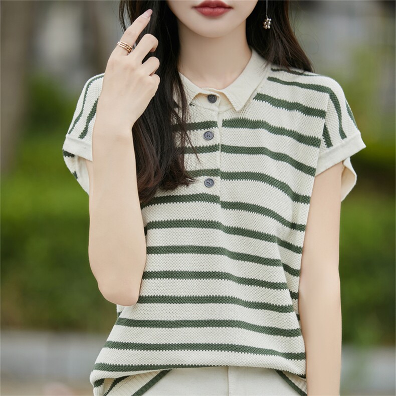 2025年夏季短袖直筒型条纹翻领气质百搭T恤，女装T恤，斯美雅电商供货