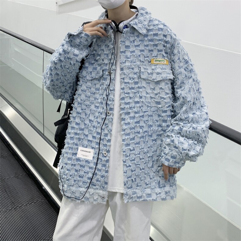 棋盘格牛仔外套男士秋季港风潮牌上衣ins宽松复古夹克JK0265-P80,男装夹克,星座308B-1