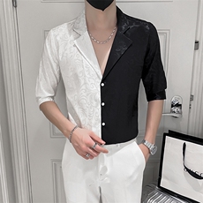 2023春夏男中袖衬衫社会风个性衬衣西装领拼接衬衫H750-P55，男装衬衫，星座419（原A233）