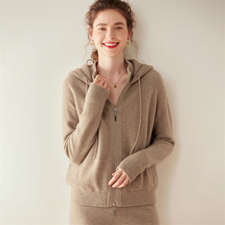 2024年秋季拉链长袖开衫时尚气质连帽纯色羊绒衫，女装羊绒衫，旭日羊绒