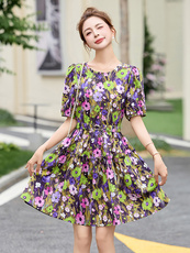 洋气黄色碎花纯棉连衣裙女2025夏新款小个子别致绝美甜美气质裙子，女装连衣裙，美沁
