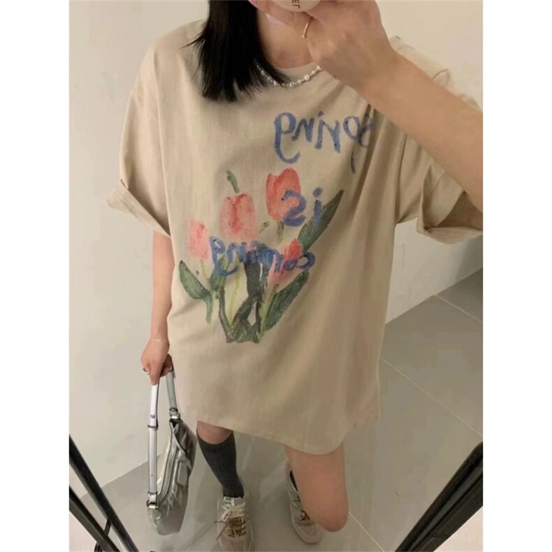 T0670-P25油画风郁金香手绘印花纯棉短袖学院风学生款上衣百搭，男装T恤，星座617A-2