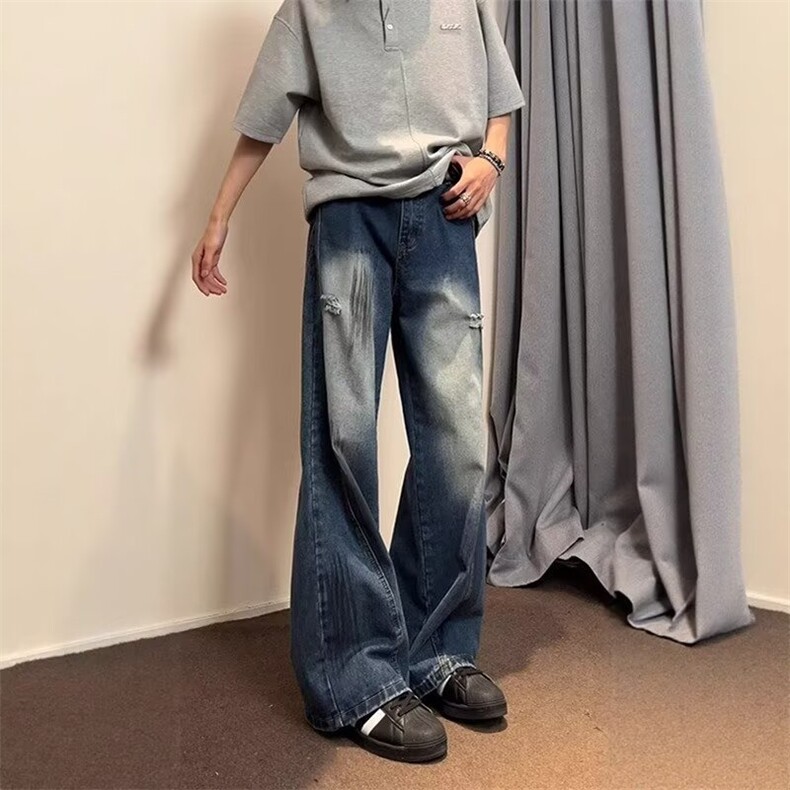 1506/Q73060/P51美式复古蓝灰色直筒显瘦垂感百搭阔腿拖地裤,男装休闲裤,星座1506