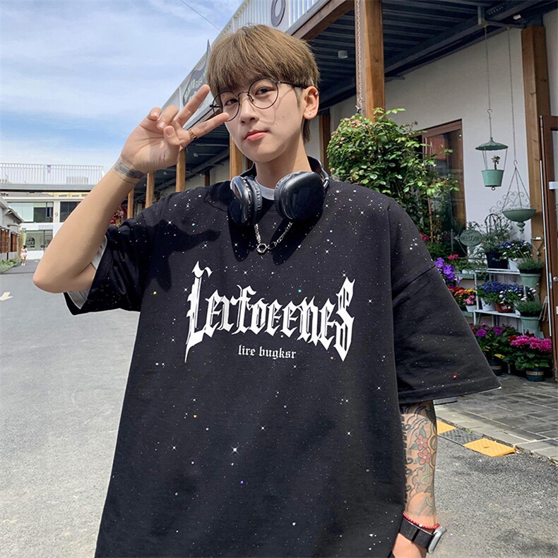量大优供抖音视频支持得物配合二开美式满天星亮片短袖T恤MTX219,男装T恤,电商A486