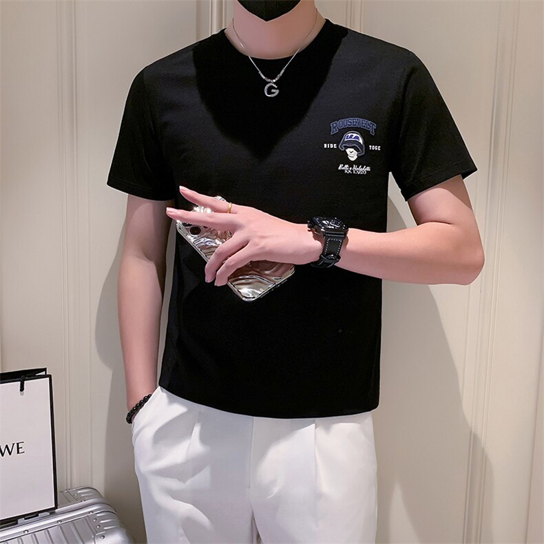 B353339P48黑色会小伙2023年夏季新款字母印花男短袖上衣T恤,男装T恤,电商B353